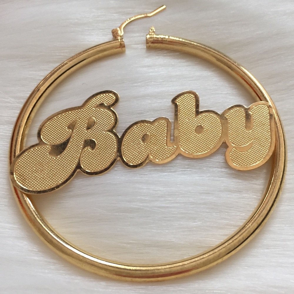BABY Round Hoop Earrings-14K Gold Filled Nameplate - Picture 2 of 4